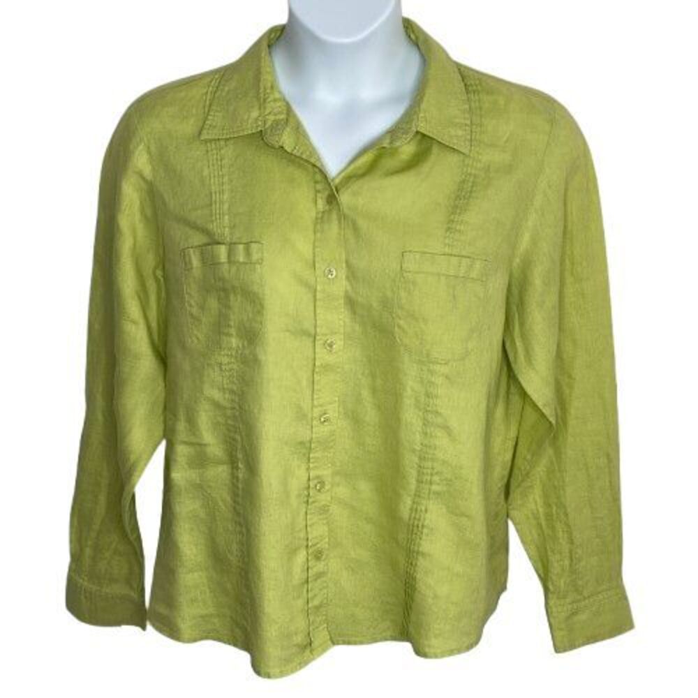 Liz Claiborne Womens 100% Linen Button Up Shirt Size 16 Lime Green Colorful